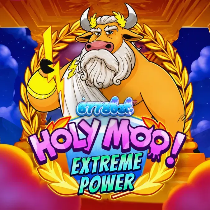 Interface do jogo Holy Moo! Extreme Power com temática de deuses bovinos.
